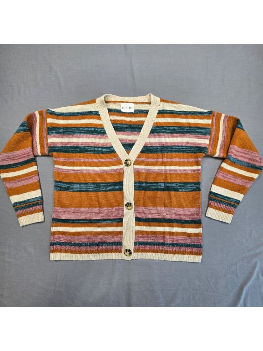 Olive + Oak Medium Womens Striped Cardigan Orange Pink Teal Button Front Sweater